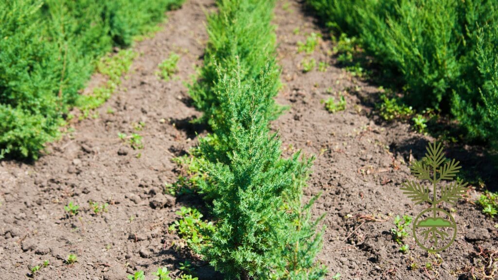 A young shelterbelt of pine trees